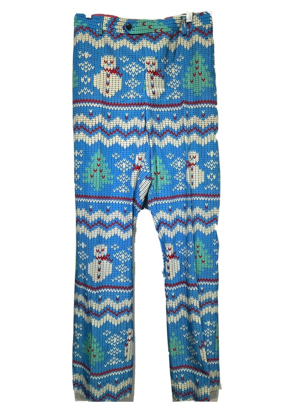 Shinesty Mens Blue White Snowman Christmas Tree Printed Dress Pants Size 42/36
